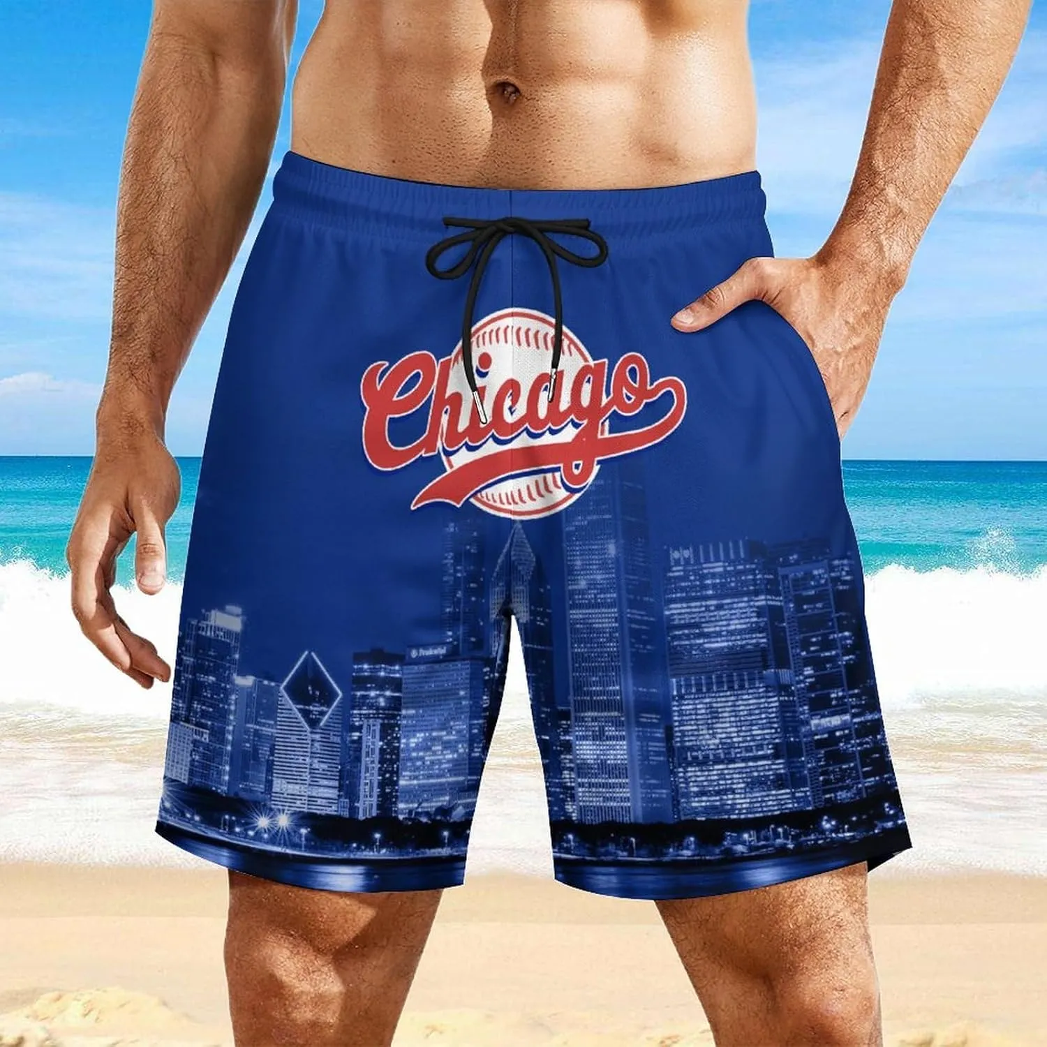 Custom Baseball Shorts for Men Youth City Nightscape 2 in 1 Beach Shorts with Pockets Baseball Sport Pants Fans Gift