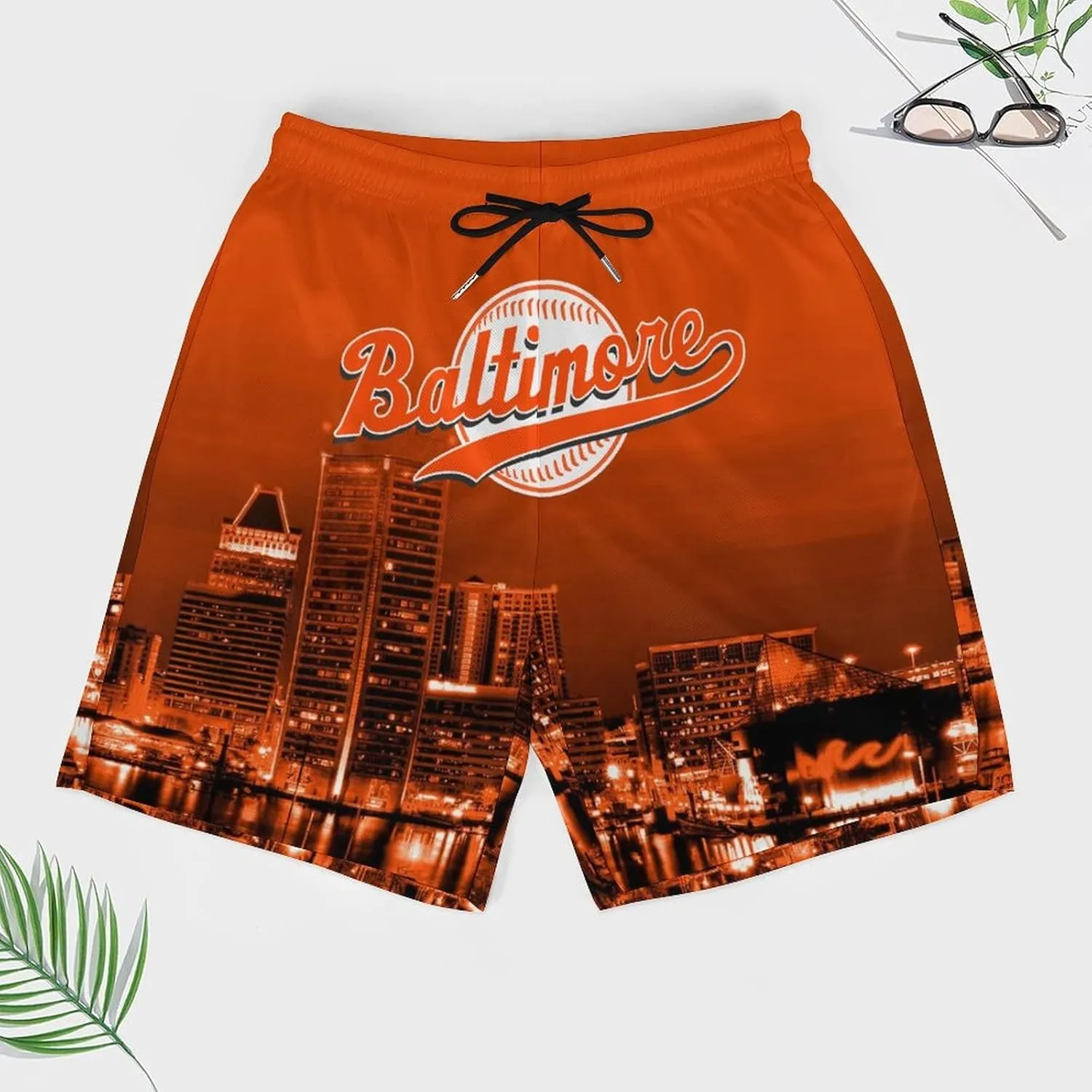 Custom Baseball Shorts for Men Youth City Nightscape 2 in 1 Beach Shorts with Pockets Baseball Sport Pants Fans Gift