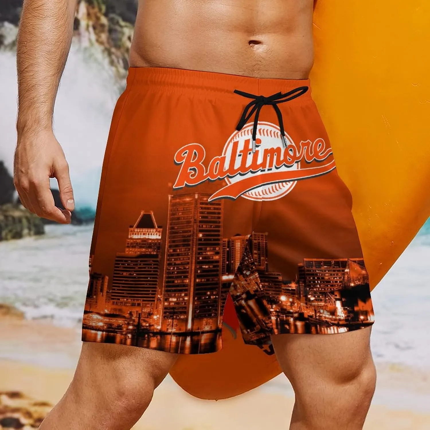 Custom Baseball Shorts for Men Youth City Nightscape 2 in 1 Beach Shorts with Pockets Baseball Sport Pants Fans Gift