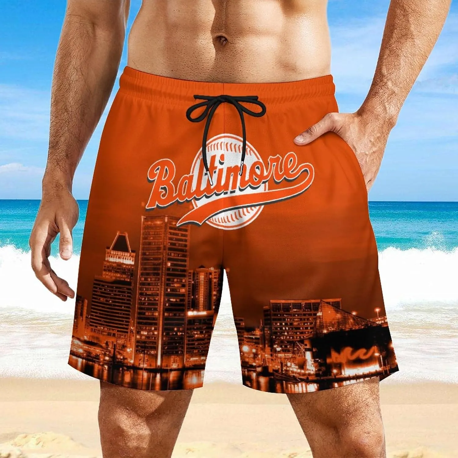 Custom Baseball Shorts for Men Youth City Nightscape 2 in 1 Beach Shorts with Pockets Baseball Sport Pants Fans Gift