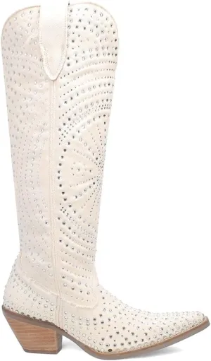 Dingo Womens Honkytonk Honey Rhinestone Snip Toe Pull On Casual Boots Knee High Mid Heel 2-3" - Black