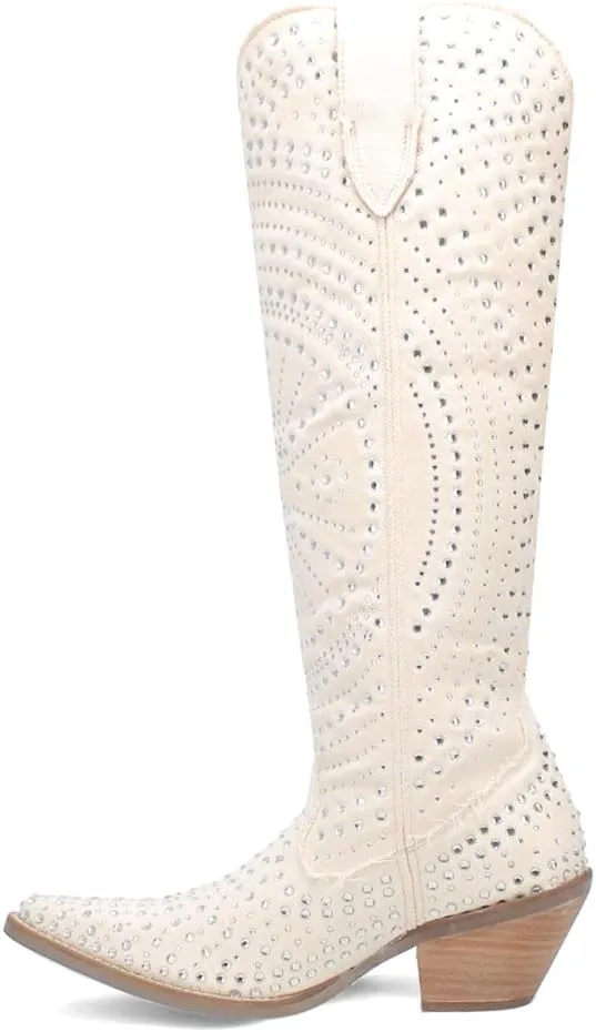 Dingo Womens Honkytonk Honey Rhinestone Snip Toe Pull On Casual Boots Knee High Mid Heel 2-3" - Black