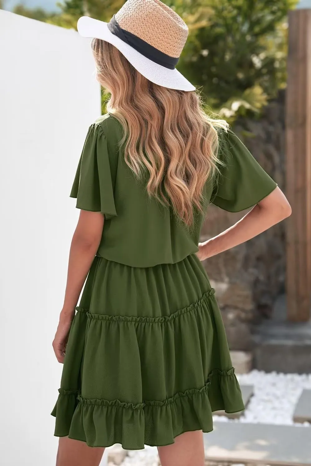 Dokotoo Womens Spring Summer 2025 Short Sleeve Split V Neck Ruffle Chiffon Elegant Mini Short Skirt Dresses