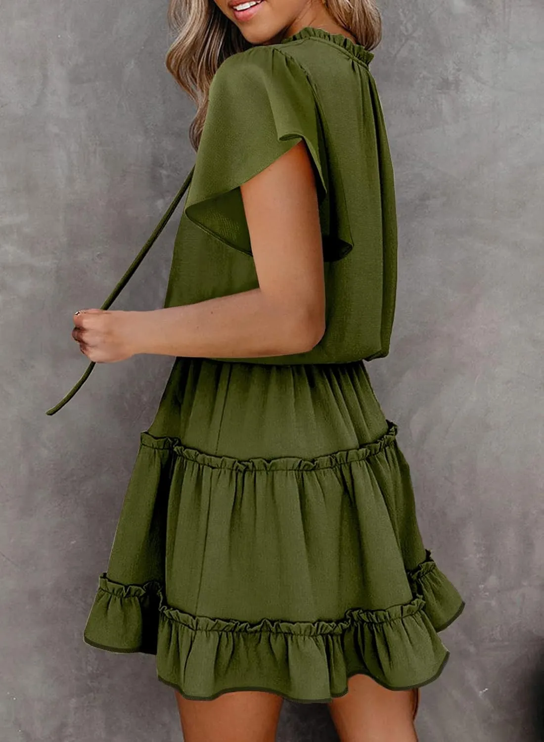 Dokotoo Womens Spring Summer 2025 Short Sleeve Split V Neck Ruffle Chiffon Elegant Mini Short Skirt Dresses