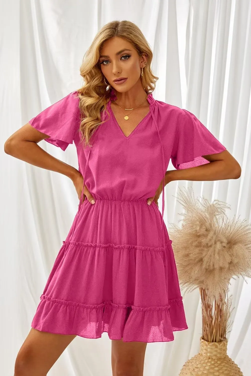 Dokotoo Womens Spring Summer 2025 Short Sleeve Split V Neck Ruffle Chiffon Elegant Mini Short Skirt Dresses