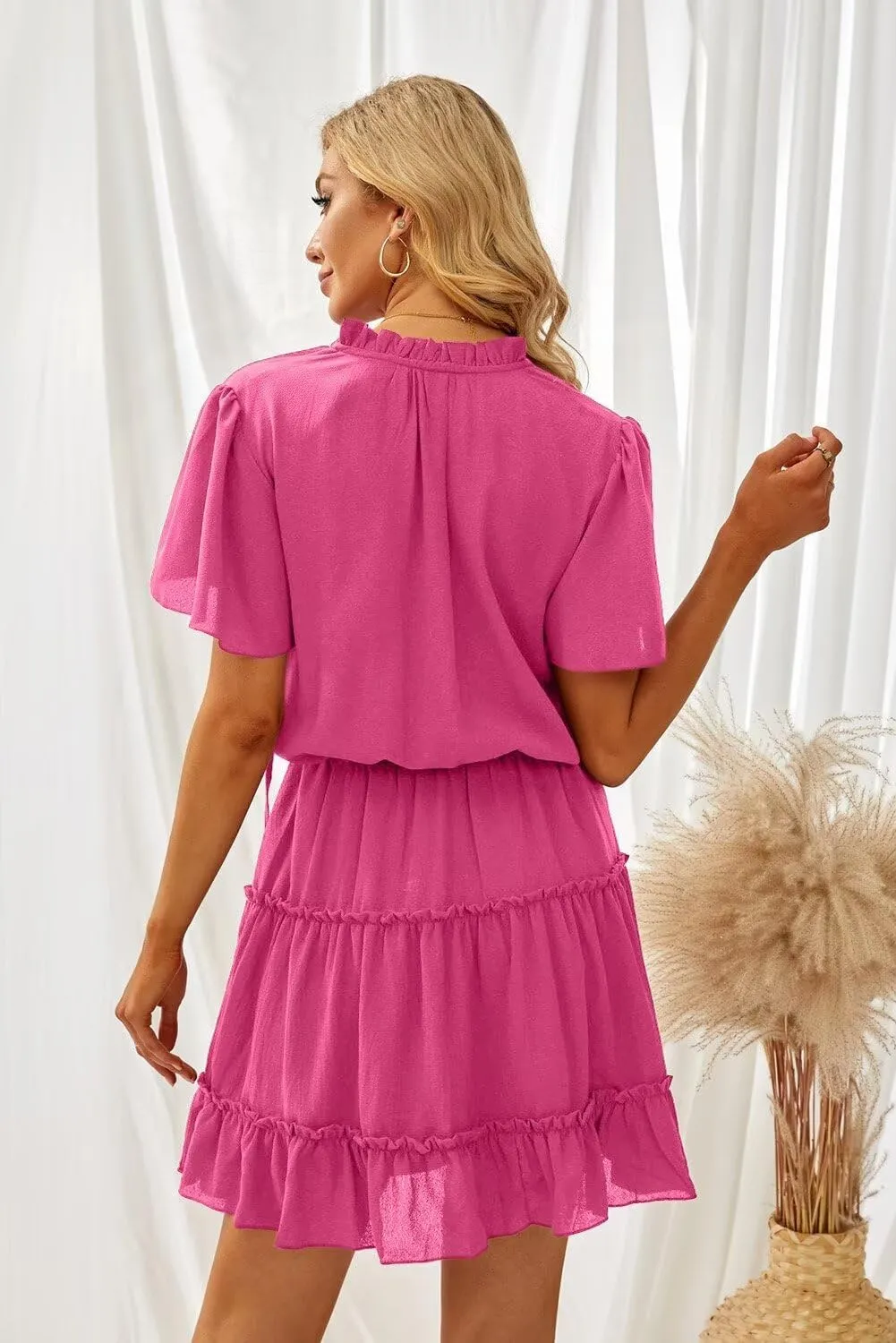 Dokotoo Womens Spring Summer 2025 Short Sleeve Split V Neck Ruffle Chiffon Elegant Mini Short Skirt Dresses