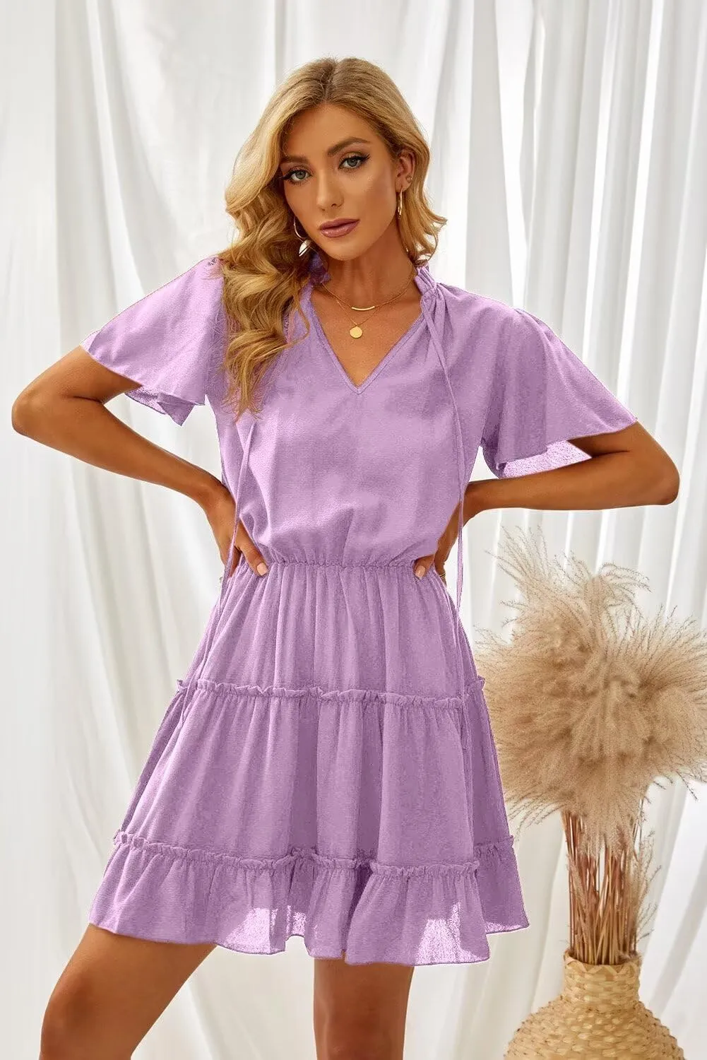 Dokotoo Womens Spring Summer 2025 Short Sleeve Split V Neck Ruffle Chiffon Elegant Mini Short Skirt Dresses