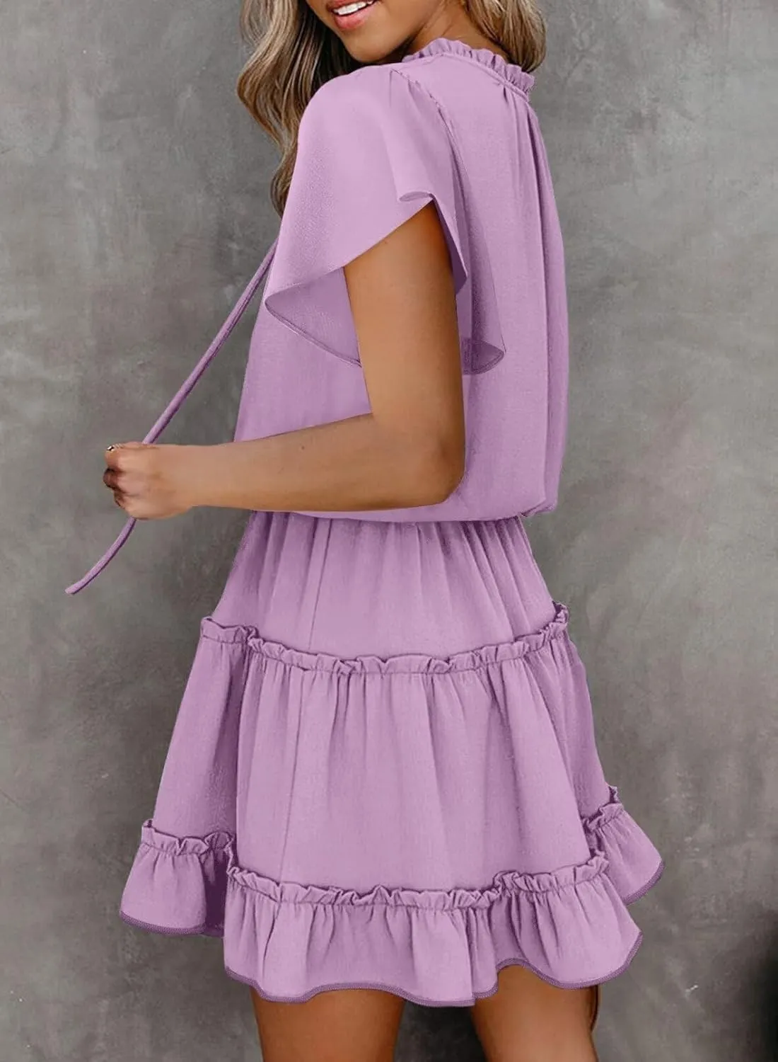 Dokotoo Womens Spring Summer 2025 Short Sleeve Split V Neck Ruffle Chiffon Elegant Mini Short Skirt Dresses