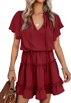 Dokotoo Womens Spring Summer 2025 Short Sleeve Split V Neck Ruffle Chiffon Elegant Mini Short Skirt Dresses