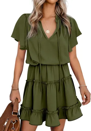 Dokotoo Womens Spring Summer 2025 Short Sleeve Split V Neck Ruffle Chiffon Elegant Mini Short Skirt Dresses