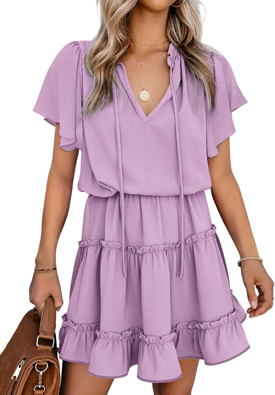 Dokotoo Womens Spring Summer 2025 Short Sleeve Split V Neck Ruffle Chiffon Elegant Mini Short Skirt Dresses