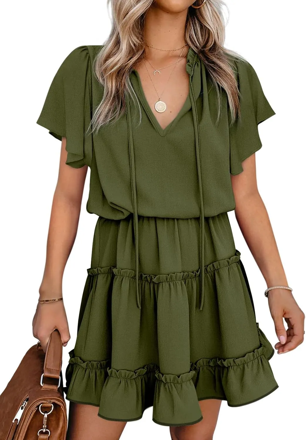 Dokotoo Womens Spring Summer 2025 Short Sleeve Split V Neck Ruffle Chiffon Elegant Mini Short Skirt Dresses