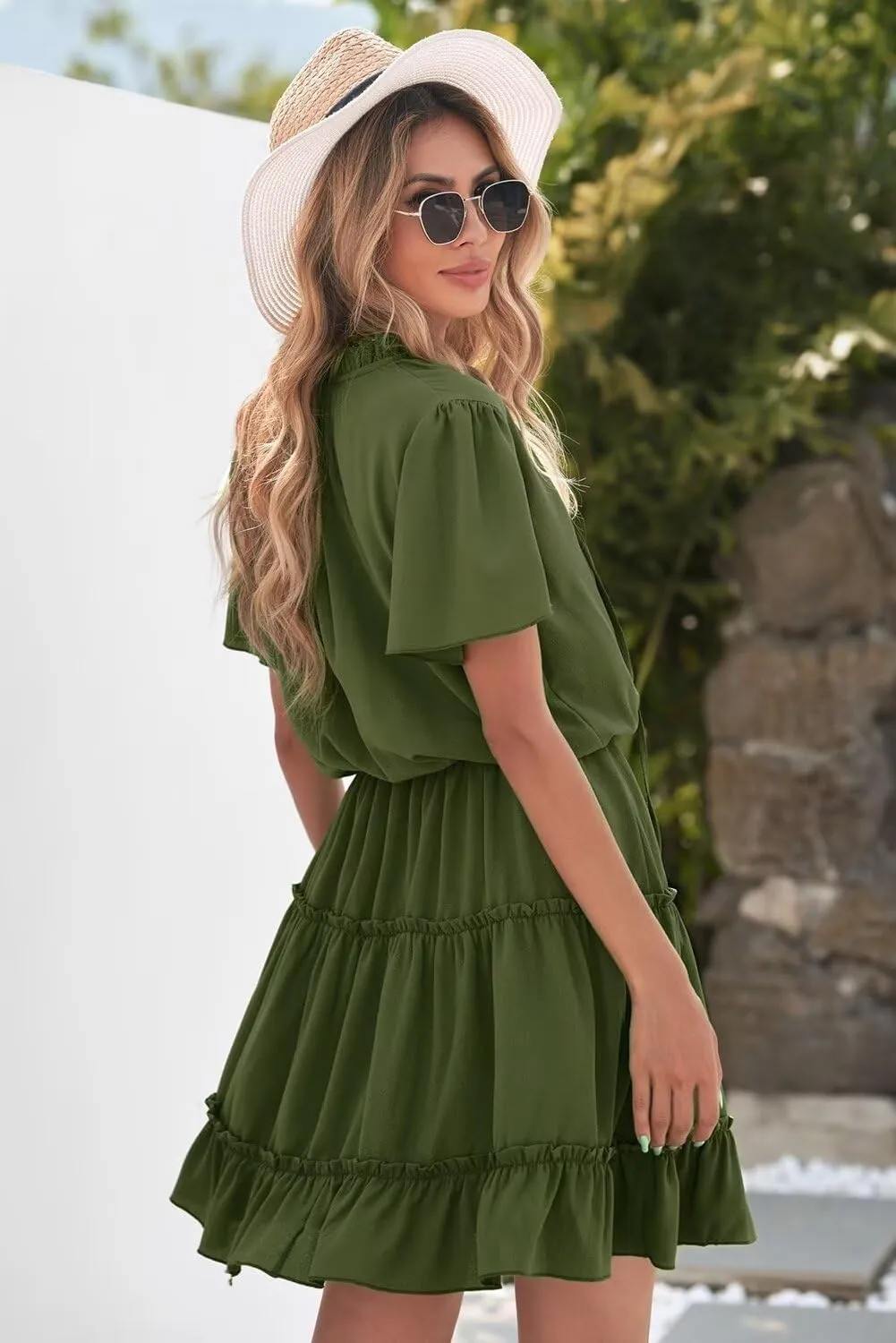 Dokotoo Womens Spring Summer 2025 Short Sleeve Split V Neck Ruffle Chiffon Elegant Mini Short Skirt Dresses