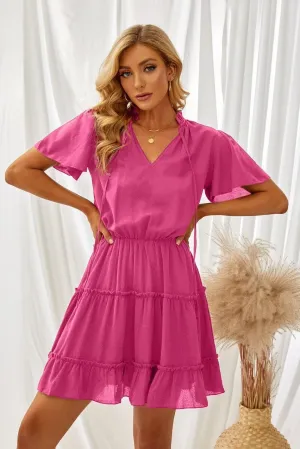 Dokotoo Womens Spring Summer 2025 Short Sleeve Split V Neck Ruffle Chiffon Elegant Mini Short Skirt Dresses
