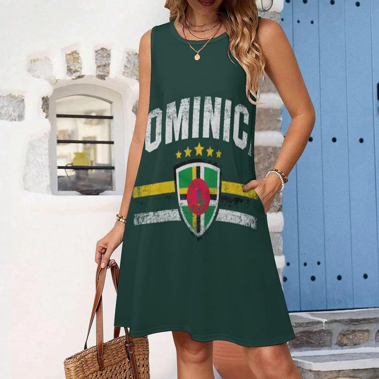 Dominica Flag Women's Summer Dress Sleeveless Casual Loose Beach Vacation Tank Sundress