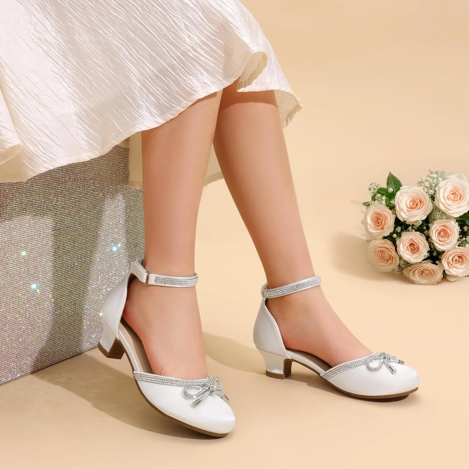 DREAM PAIRS Girls Dress Shoes Closed Toe Low Heels Ankle Strap Pumps for Toddler Little Big Kid Flower Party Wedding Princess