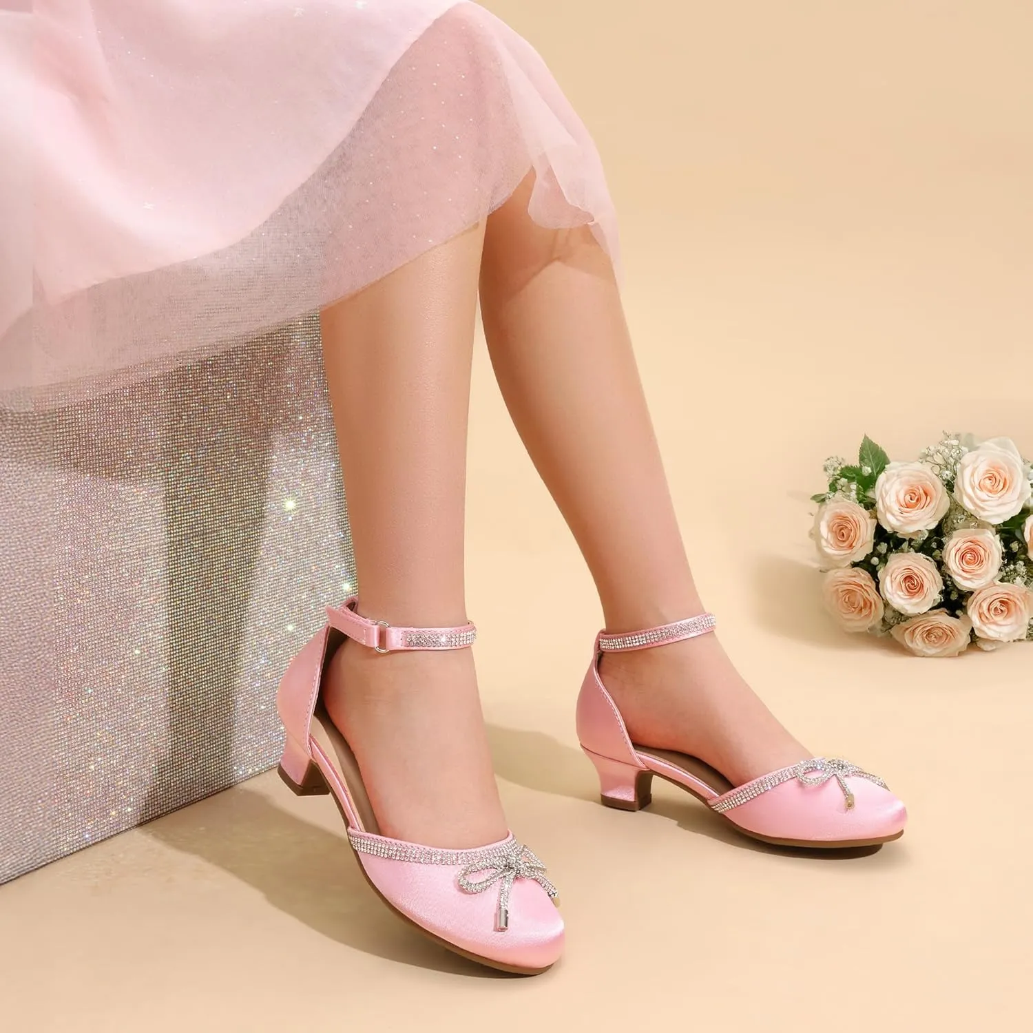DREAM PAIRS Girls Dress Shoes Closed Toe Low Heels Ankle Strap Pumps for Toddler Little Big Kid Flower Party Wedding Princess