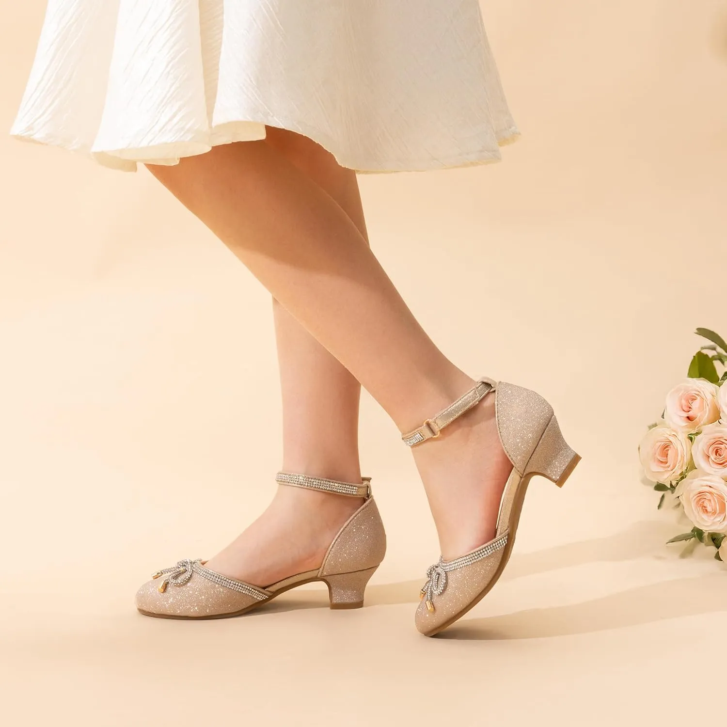 DREAM PAIRS Girls Dress Shoes Closed Toe Low Heels Ankle Strap Pumps for Toddler Little Big Kid Flower Party Wedding Princess