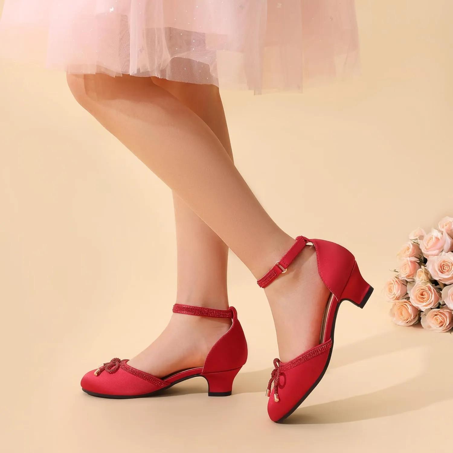DREAM PAIRS Girls Dress Shoes Closed Toe Low Heels Ankle Strap Pumps for Toddler Little Big Kid Flower Party Wedding Princess