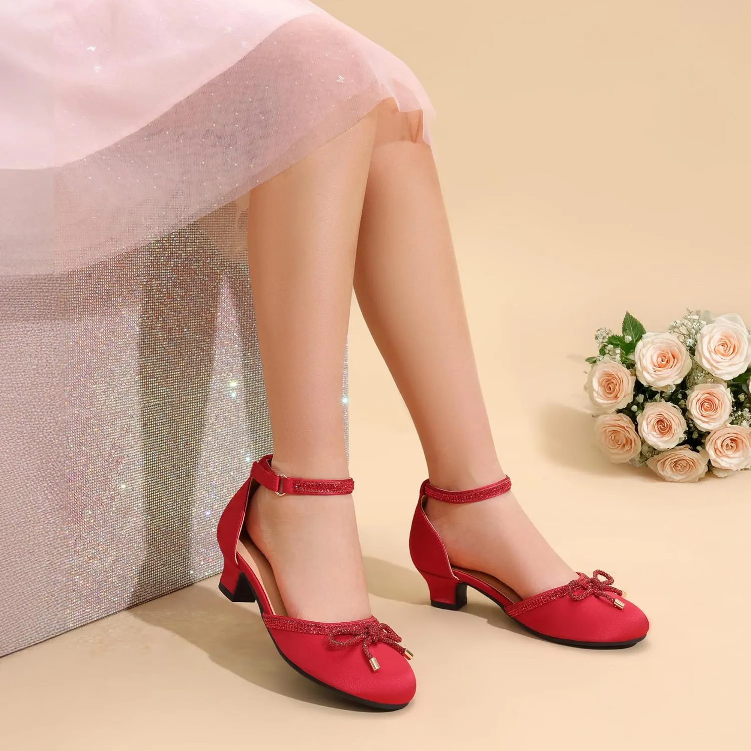 DREAM PAIRS Girls Dress Shoes Closed Toe Low Heels Ankle Strap Pumps for Toddler Little Big Kid Flower Party Wedding Princess