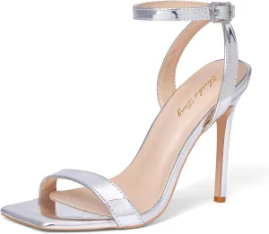 Elisabet Tang Women's Stiletto Heels Ankle Strap Open Square Toe Heeled Sandals Sexy Comfort Strappy Dress High Heel Shoes Lace Up Wedding Party Sandals Shoes