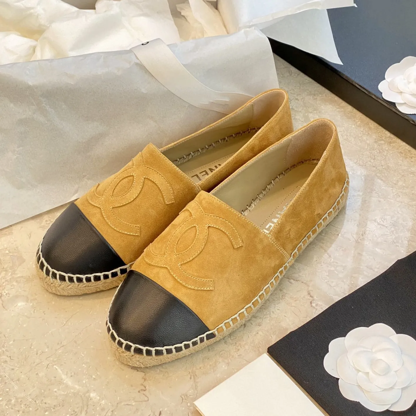 espadrilles dark beige suede black lambskin