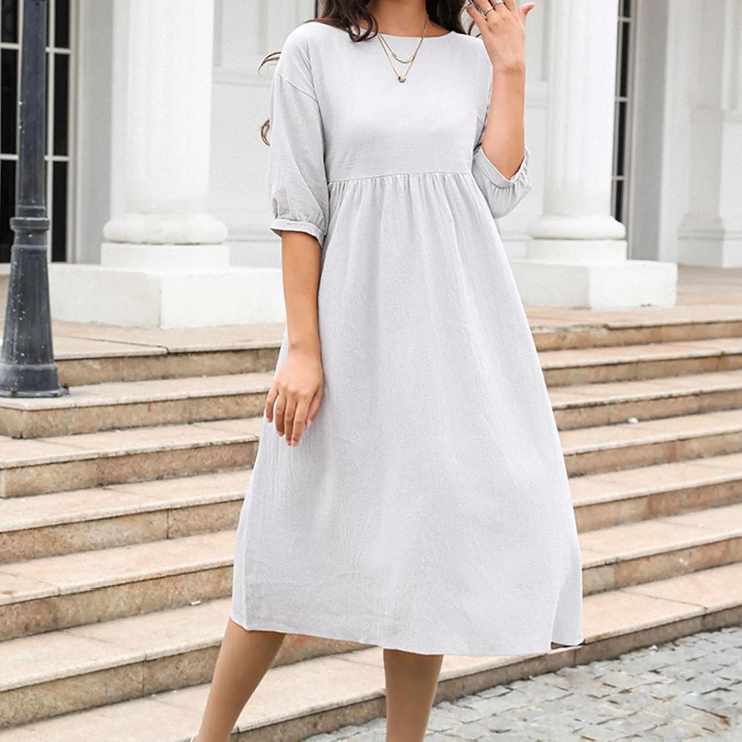 Fall Dresses for Women Cotton Linen Causal Half Sleeve Crewneck Elastic Waist Solid Loose Fit Oversized Linen Dresses