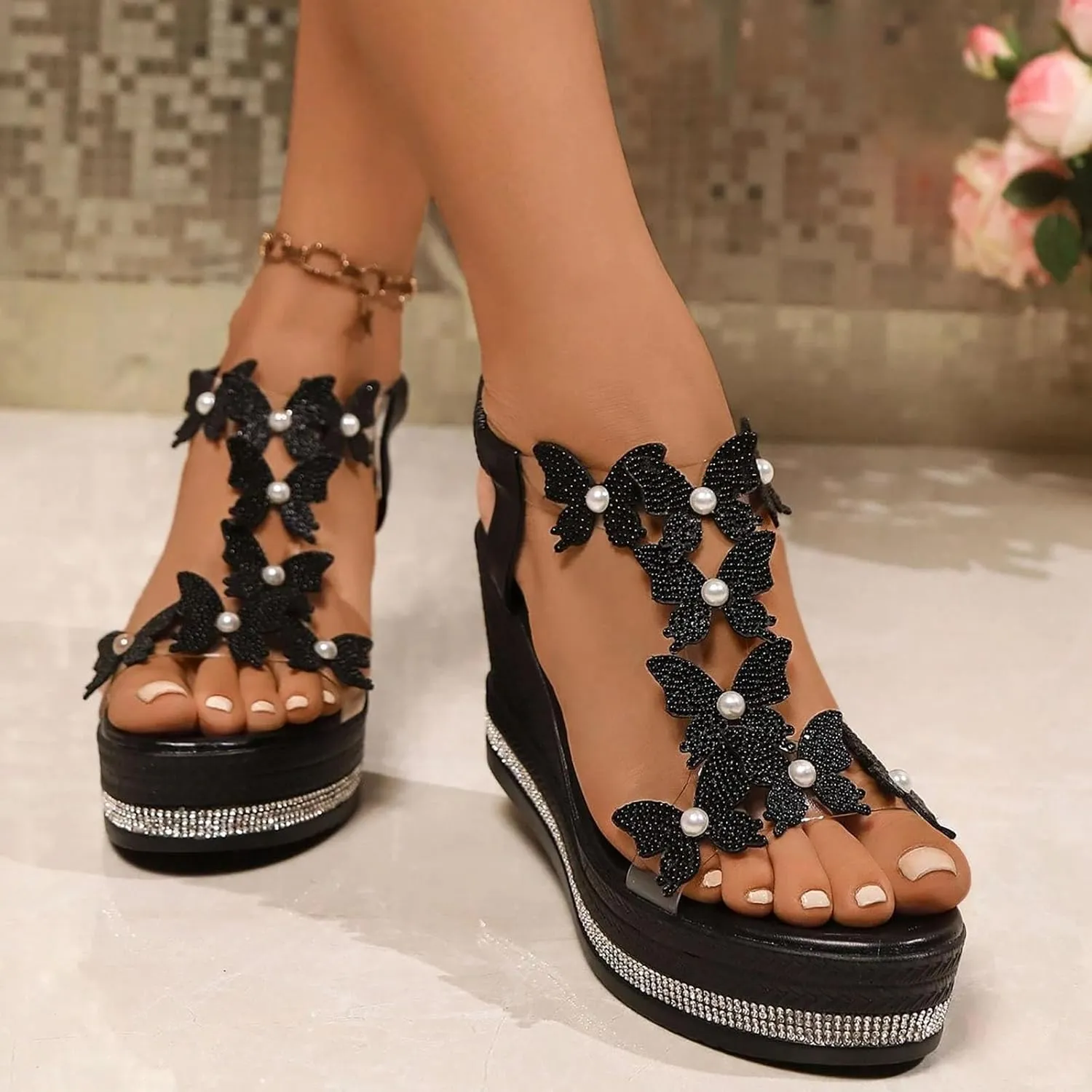Fashion Women's Comfort Wedge Sandals With Bow Decoration And Rhinestone Detail Casual Roman Women Wedge Sandals Size 11