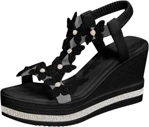 Fashion Women's Comfort Wedge Sandals With Bow Decoration And Rhinestone Detail Casual Roman Women Wedge Sandals Size 11