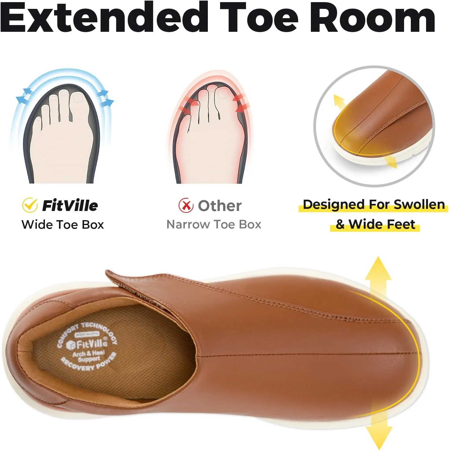 FitVille Diabetic Shoes for Men Dress Shoes Casual Slip On Oxfords Shoes Adjustable Business Formal Wedding Shoes Orthopedic Sneakers for Swollen Feet - EasyTop Deluxe Dress Shoes V1