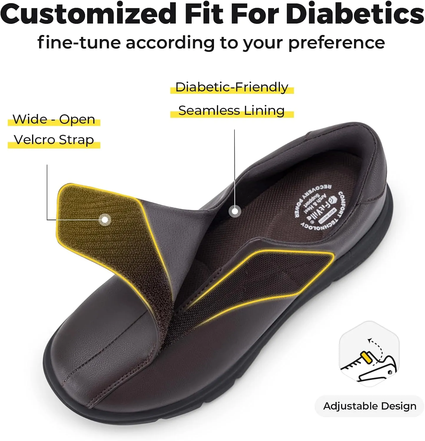 FitVille Diabetic Shoes for Men Dress Shoes Casual Slip On Oxfords Shoes Adjustable Business Formal Wedding Shoes Orthopedic Sneakers for Swollen Feet - EasyTop Deluxe Dress Shoes V1
