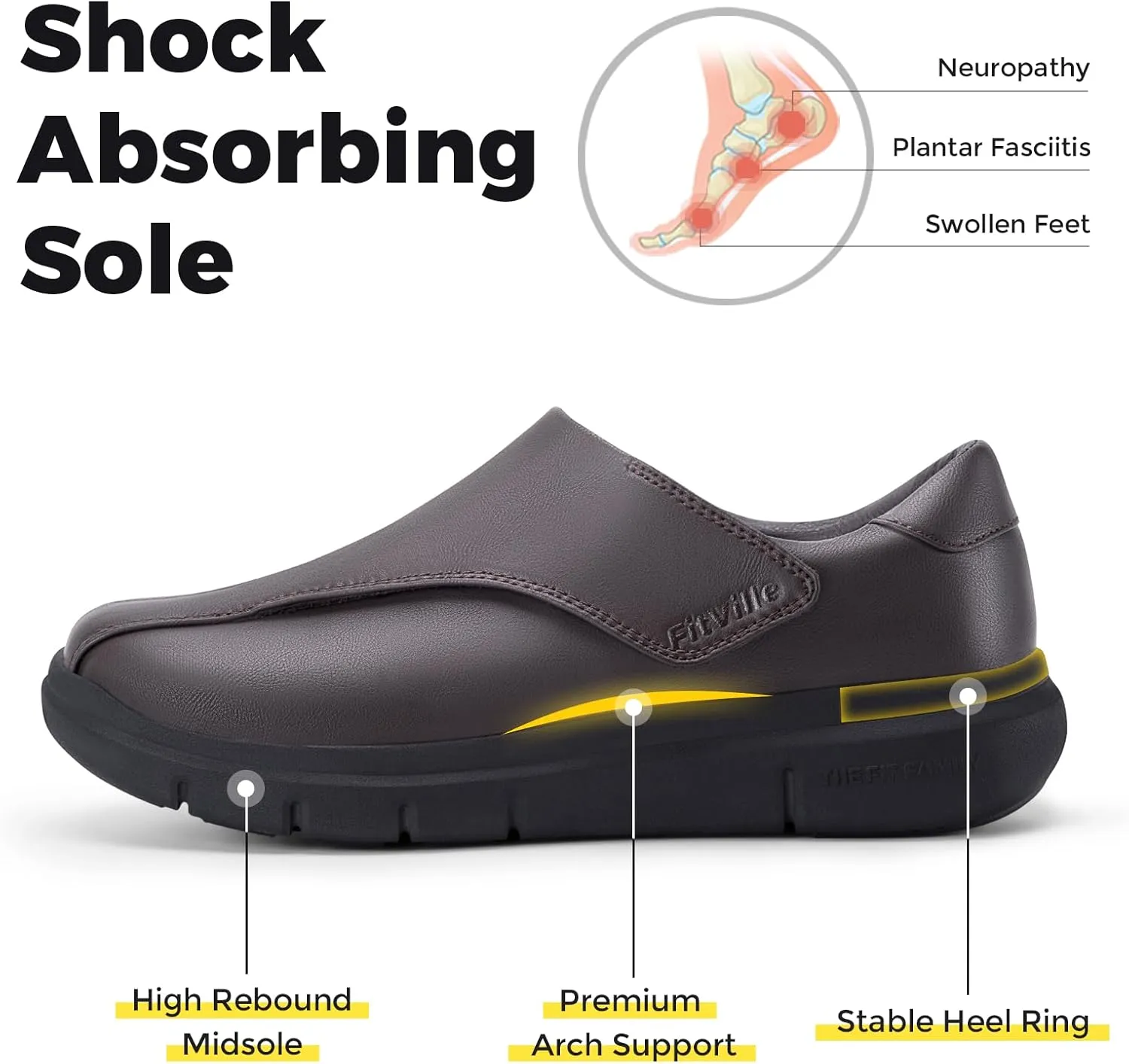 FitVille Diabetic Shoes for Men Dress Shoes Casual Slip On Oxfords Shoes Adjustable Business Formal Wedding Shoes Orthopedic Sneakers for Swollen Feet - EasyTop Deluxe Dress Shoes V1