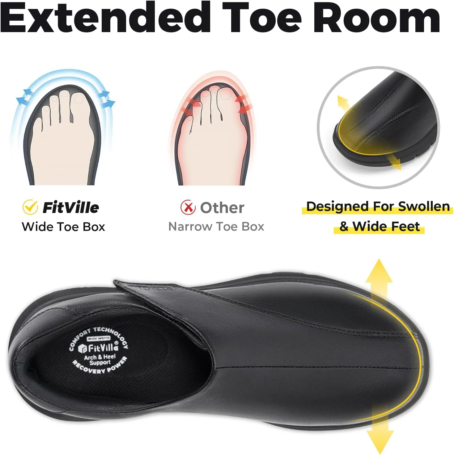 FitVille Diabetic Shoes for Men Dress Shoes Casual Slip On Oxfords Shoes Adjustable Business Formal Wedding Shoes Orthopedic Sneakers for Swollen Feet - EasyTop Deluxe Dress Shoes V1