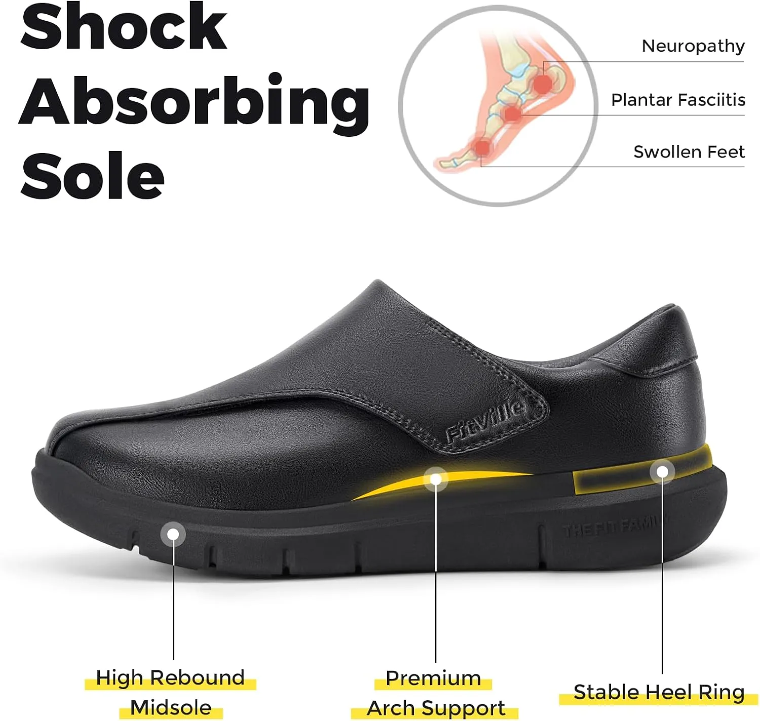 FitVille Diabetic Shoes for Men Dress Shoes Casual Slip On Oxfords Shoes Adjustable Business Formal Wedding Shoes Orthopedic Sneakers for Swollen Feet - EasyTop Deluxe Dress Shoes V1