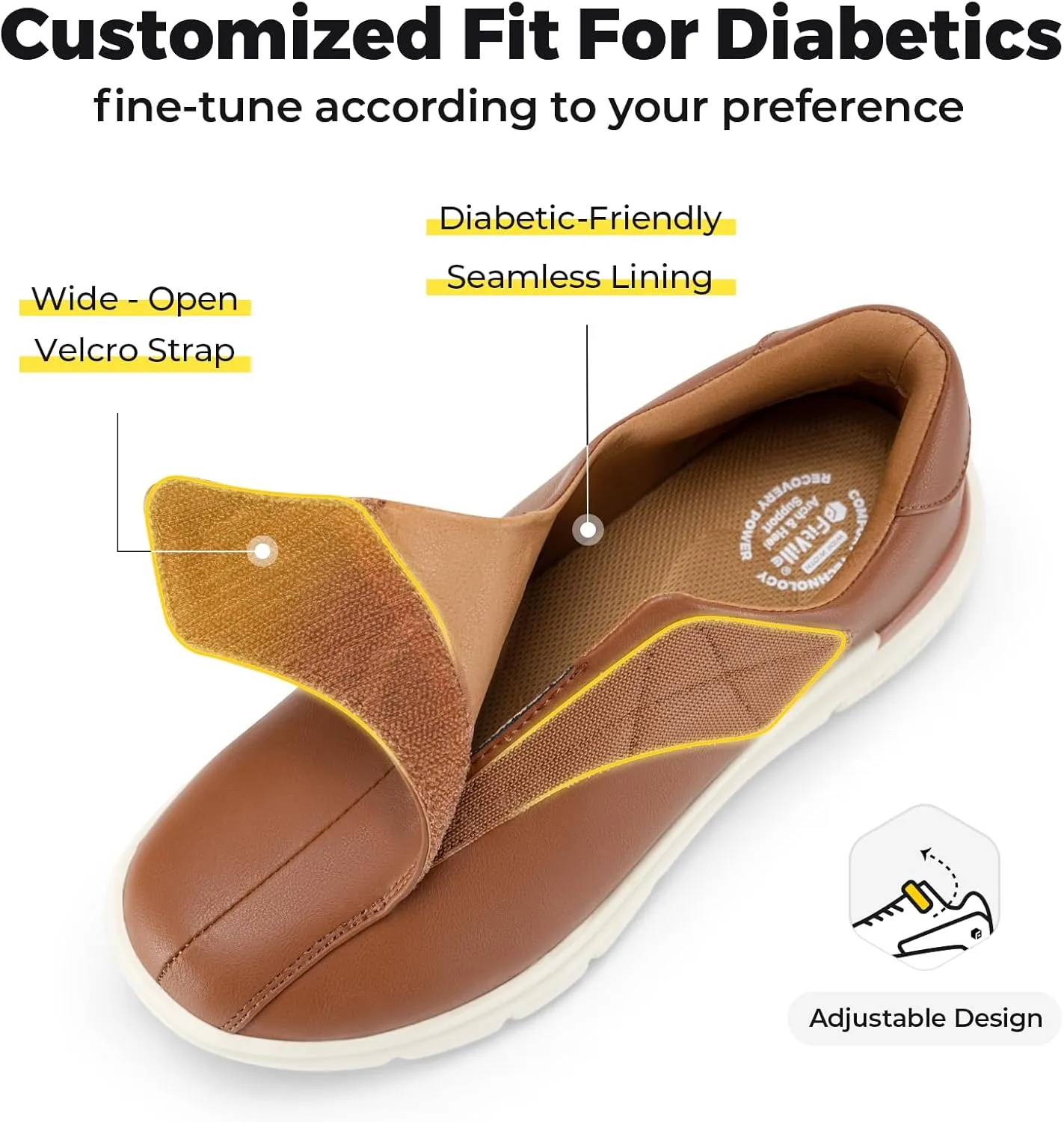 FitVille Diabetic Shoes for Men Dress Shoes Casual Slip On Oxfords Shoes Adjustable Business Formal Wedding Shoes Orthopedic Sneakers for Swollen Feet - EasyTop Deluxe Dress Shoes V1