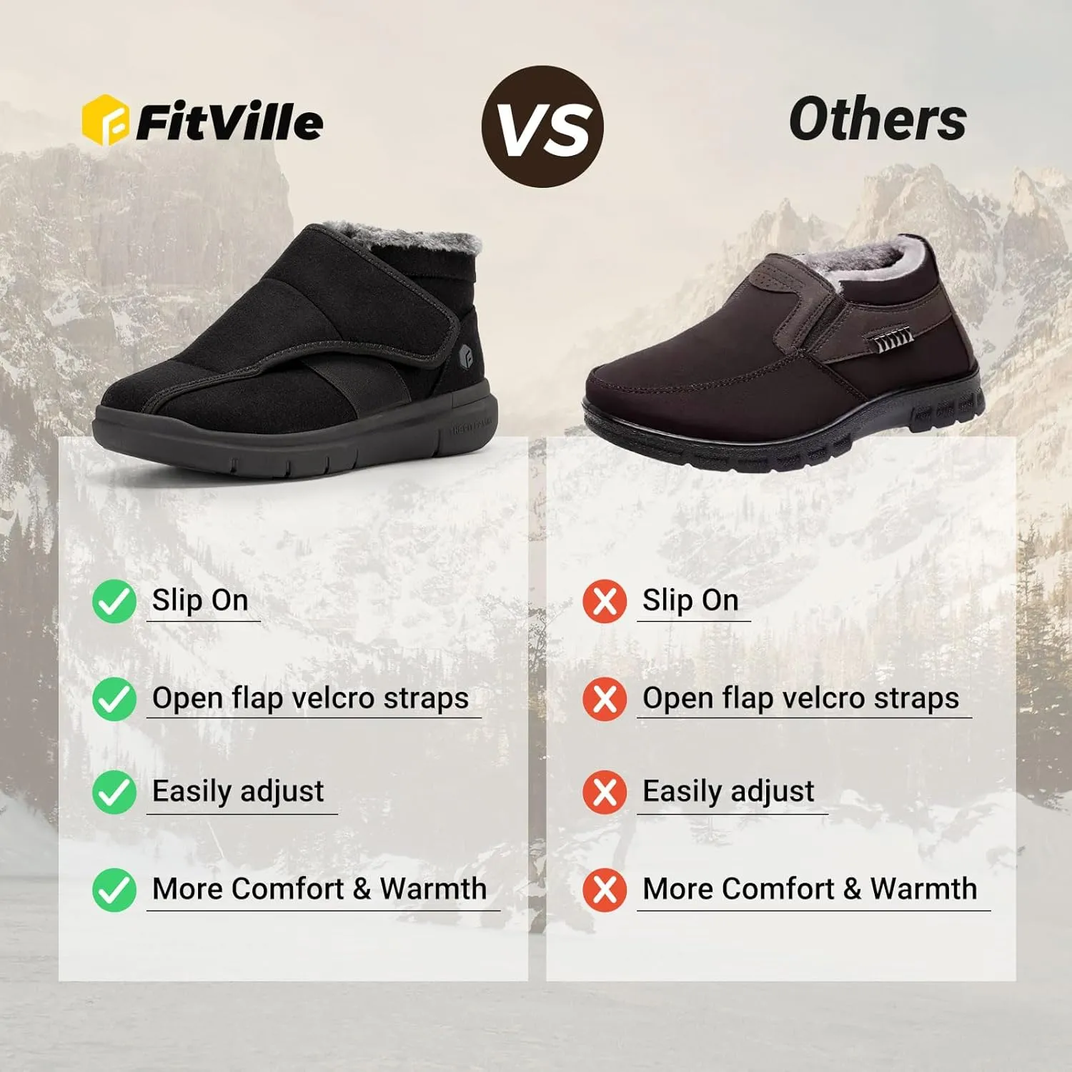 FitVille Diabetic Shoes for Women Wide Width Warm Slip-on Swollen Feet Shoes Boots Lightweight Adjustable Closure Walking Shoes for Elderly Foot Pain Relief Neuropathy