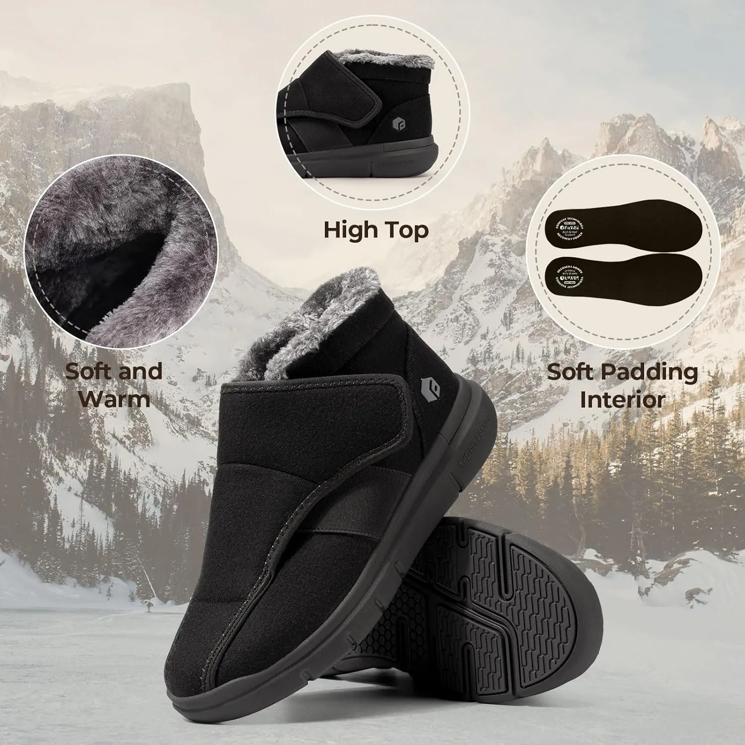 FitVille Diabetic Shoes for Women Wide Width Warm Slip-on Swollen Feet Shoes Boots Lightweight Adjustable Closure Walking Shoes for Elderly Foot Pain Relief Neuropathy