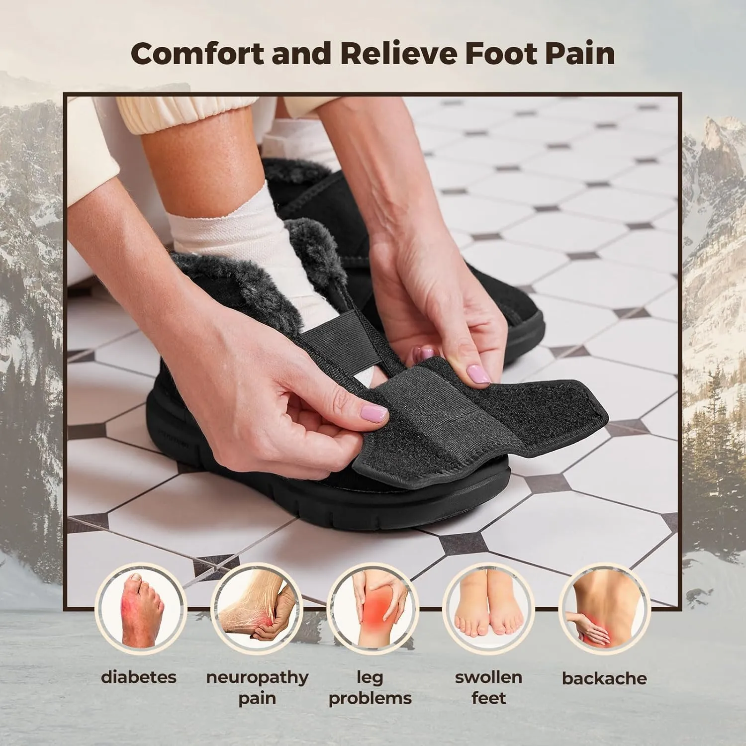 FitVille Diabetic Shoes for Women Wide Width Warm Slip-on Swollen Feet Shoes Boots Lightweight Adjustable Closure Walking Shoes for Elderly Foot Pain Relief Neuropathy