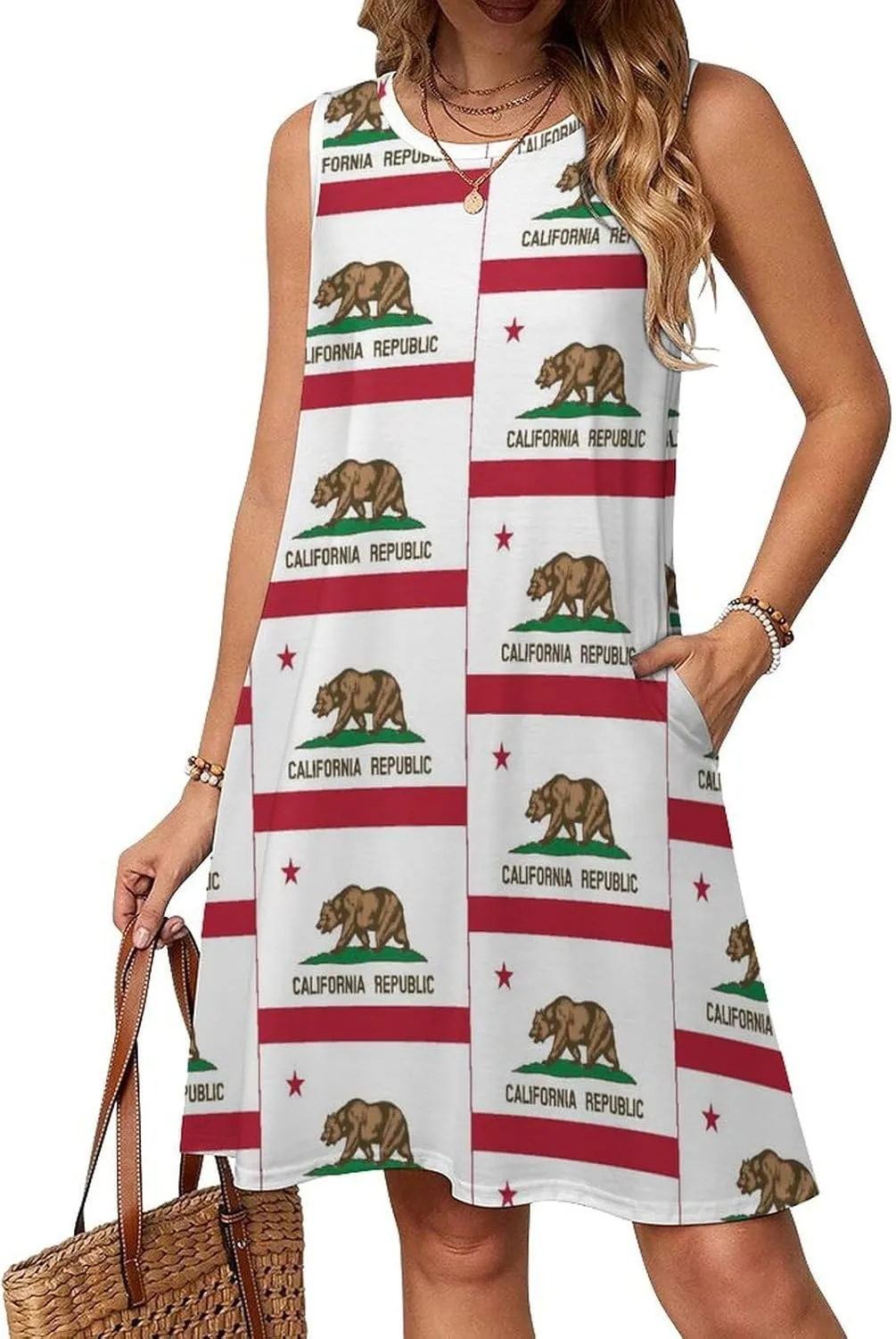 Flag of California Star Bear Women's Summer Dress Sleeveless Casual Loose Beach Vacation Tank Sundress