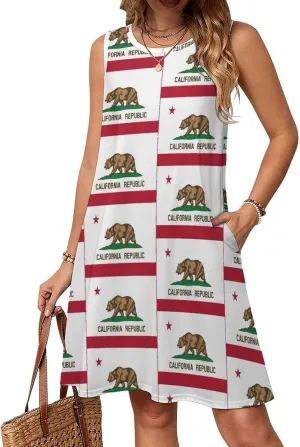 Flag of California Star Bear Women's Summer Dress Sleeveless Casual Loose Beach Vacation Tank Sundress