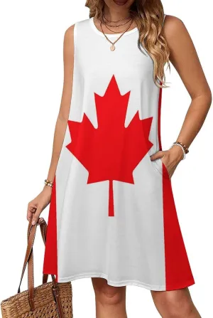 Flag of Canada Women's Summer Dress Sleeveless Casual Loose Beach Vacation Tank Sundress