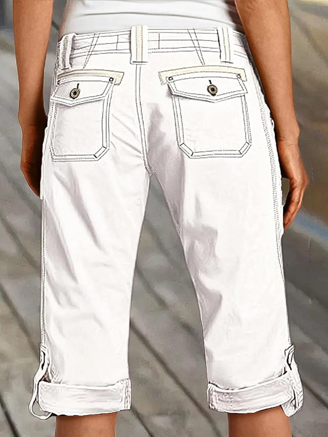 Flamingals Bermuda Shorts for Women Mid Rise Roll Hem Cargo Capris Casual Summer Pants with Flap Pocket