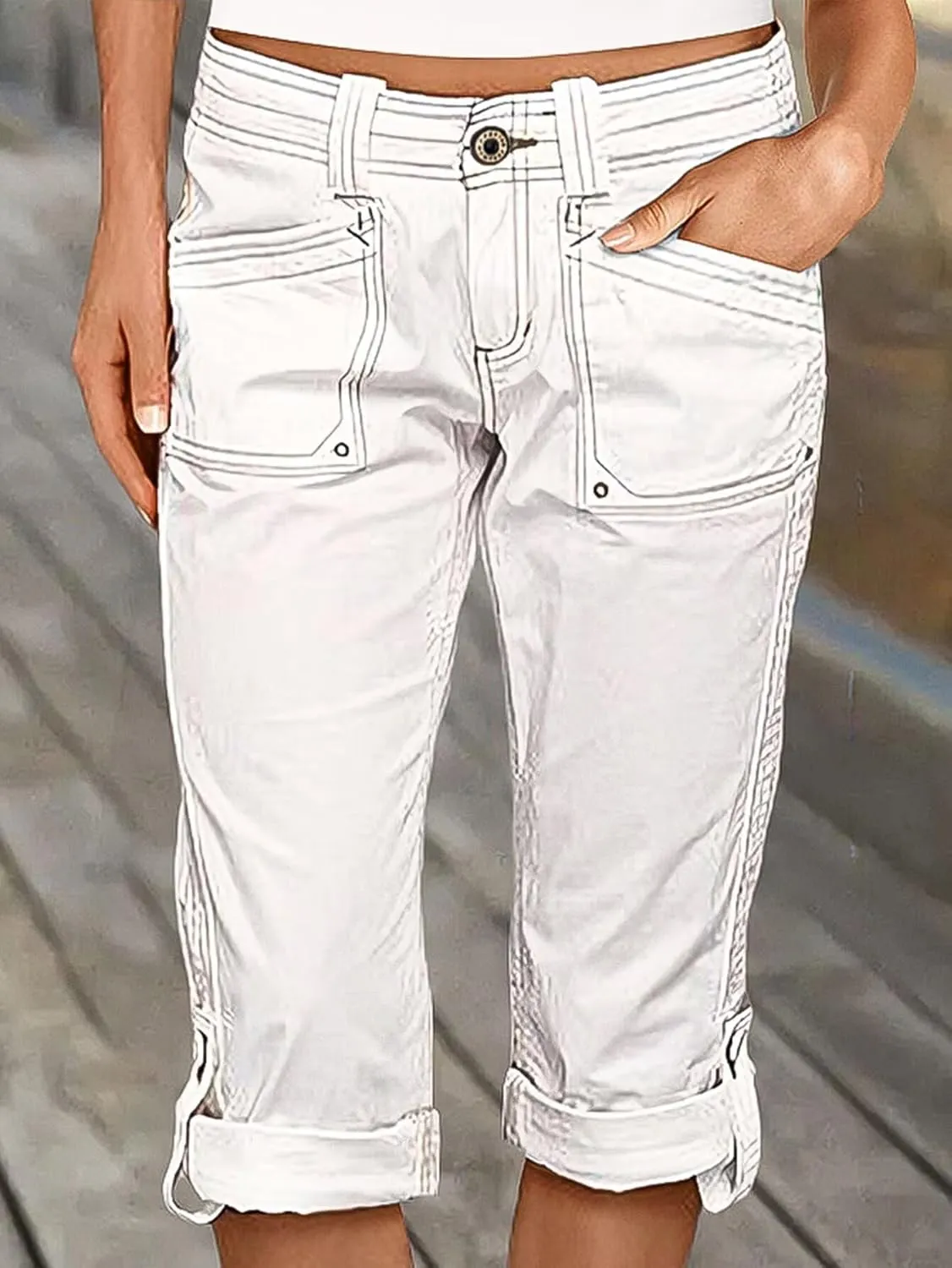 Flamingals Bermuda Shorts for Women Mid Rise Roll Hem Cargo Capris Casual Summer Pants with Flap Pocket