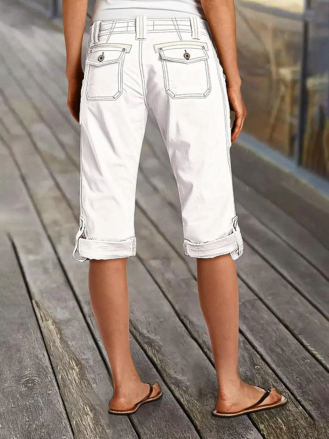 Flamingals Bermuda Shorts for Women Mid Rise Roll Hem Cargo Capris Casual Summer Pants with Flap Pocket