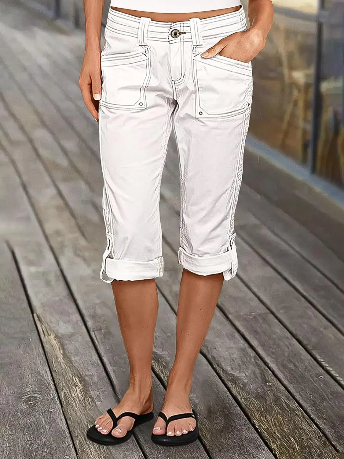 Flamingals Bermuda Shorts for Women Mid Rise Roll Hem Cargo Capris Casual Summer Pants with Flap Pocket
