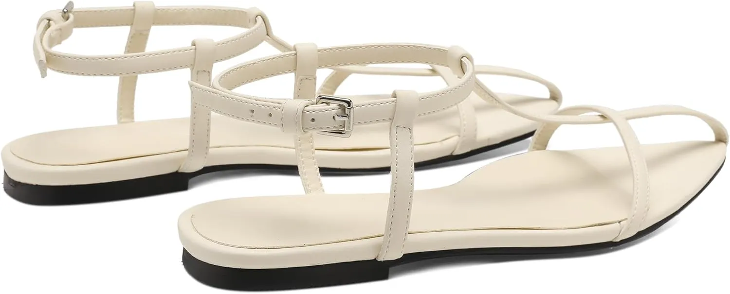 Flat Sandals for Women with Metal Buckle Ankle Strappy Ladies Fashion Slide Sandals Comfortable Summer Open Toe Women Sandals Dressy.