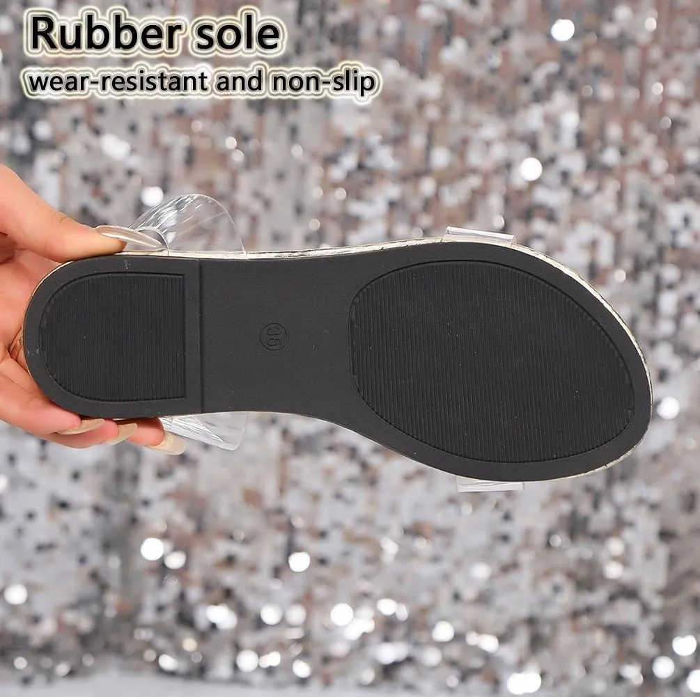 Flat Sandals with Clear Rhinestones for Women,Gem-encrusted Sparkling Open-toe Transparent Flat Slides