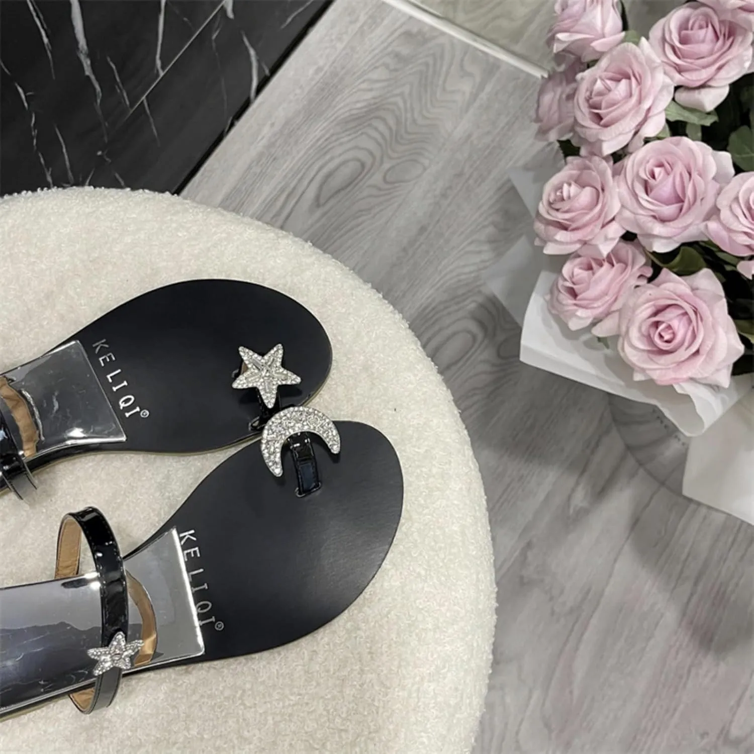 Flat Sandals with French Star Rhinestone Clip On Toe One Strap Summer Vacation Style Fashion Slippers Home Outdoor Comfortable Non Slip Women's Slippers