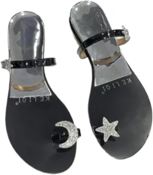 Flat Sandals with French Star Rhinestone Clip On Toe One Strap Summer Vacation Style Fashion Slippers Home Outdoor Comfortable Non Slip Women's Slippers