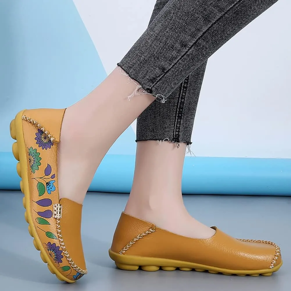 FolHaoth Women's Comfortable Leather Loafers Floral Print Slip On Moccasins Flats Casual Shoes for Women Round Toe Walking Nurse Breathable Driving Fashion Soft Shoes